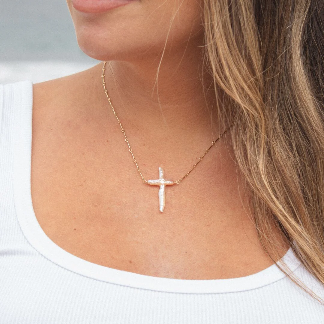 Abide Pearl Cross Necklace – Grace, Faith & Peace - Blessed Bands